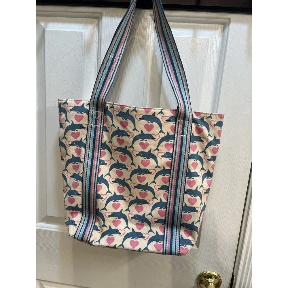 Bungalow 360 Striped Handle Tote Dolphin Heart print Girlcore Ocean Coastal - Picture 2 of 5